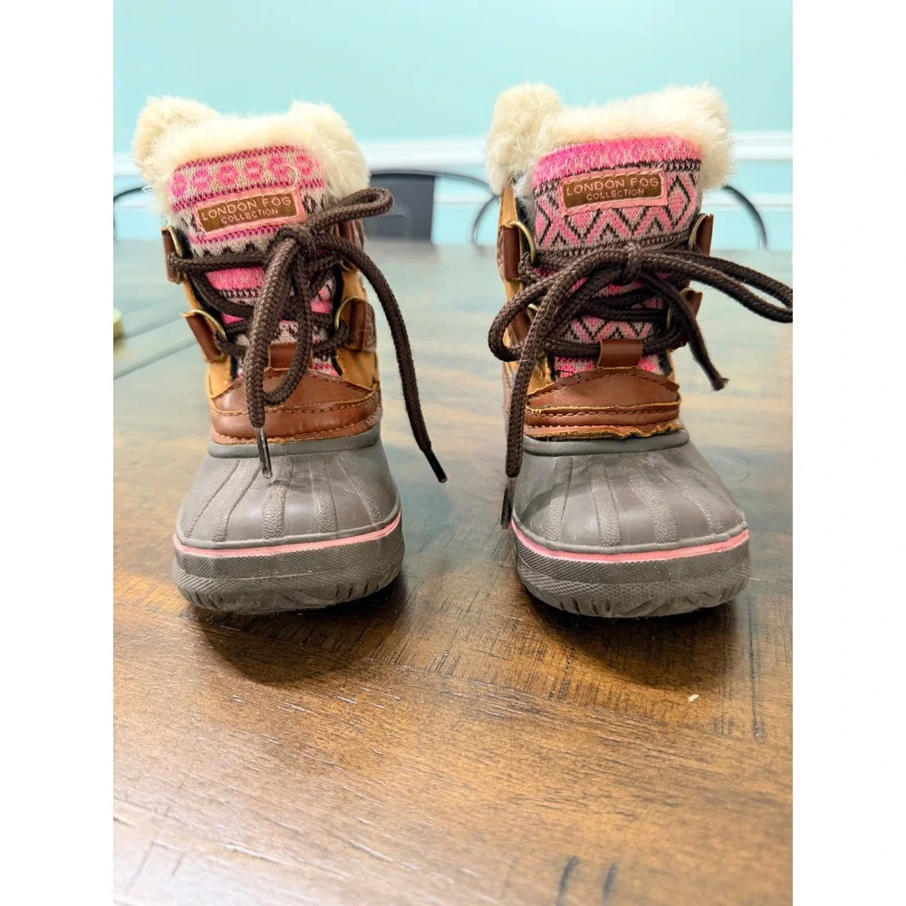 London Fog Girls Pink Fair Isle Faux Fur Trim Duck Winter Boots Tan Brown Size 6